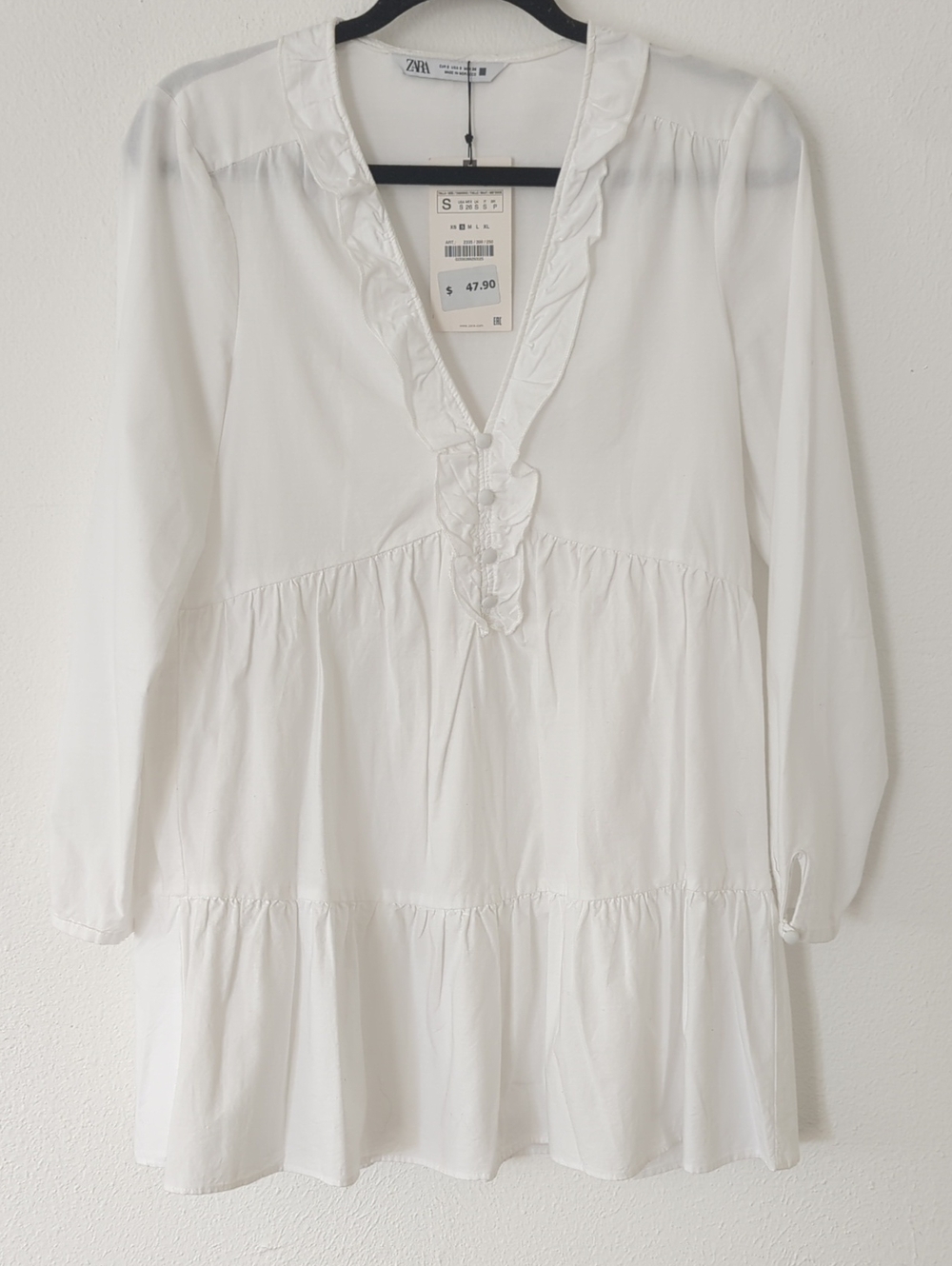 Zara White Ruffle V-Neck Tiered Tunic Mini Dress